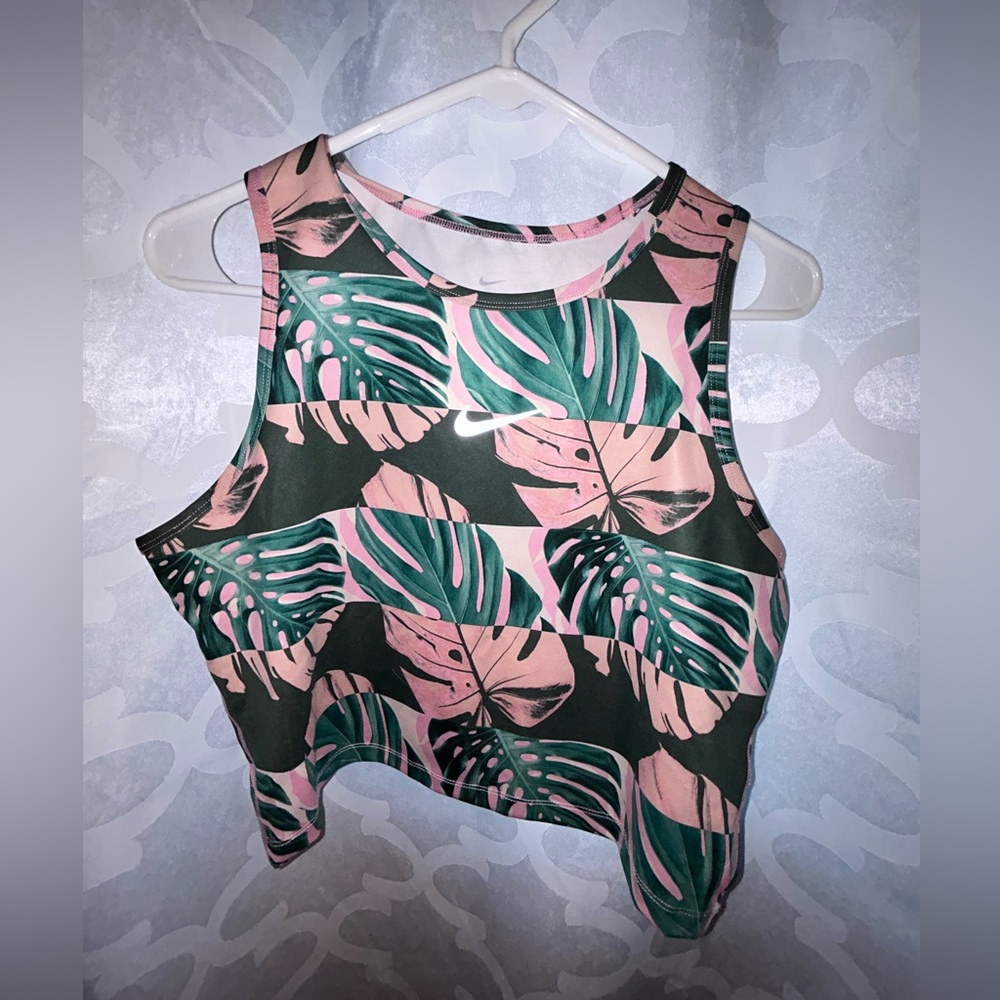 Nike Women's Pink and Green Leaf Tank Top
